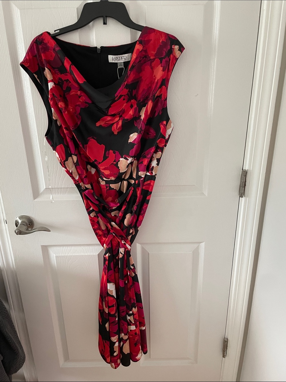 Kasper Black Red Floral Draped Midi Dress